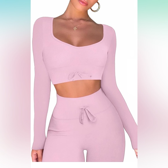 2pc pink Seamless Workout set LS Crop Top Ribbed High Waist Leggings- Small nwot - Picture 3 of 5